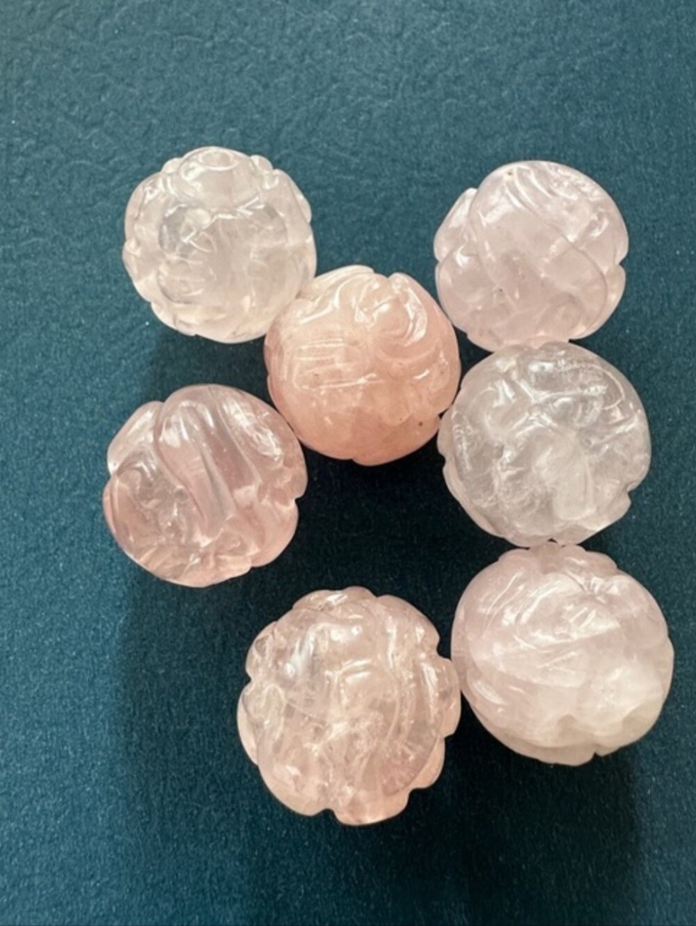 Vintage Rose Quartz Carved Bead Set - Soft Pink Gemstone Beads 7pc